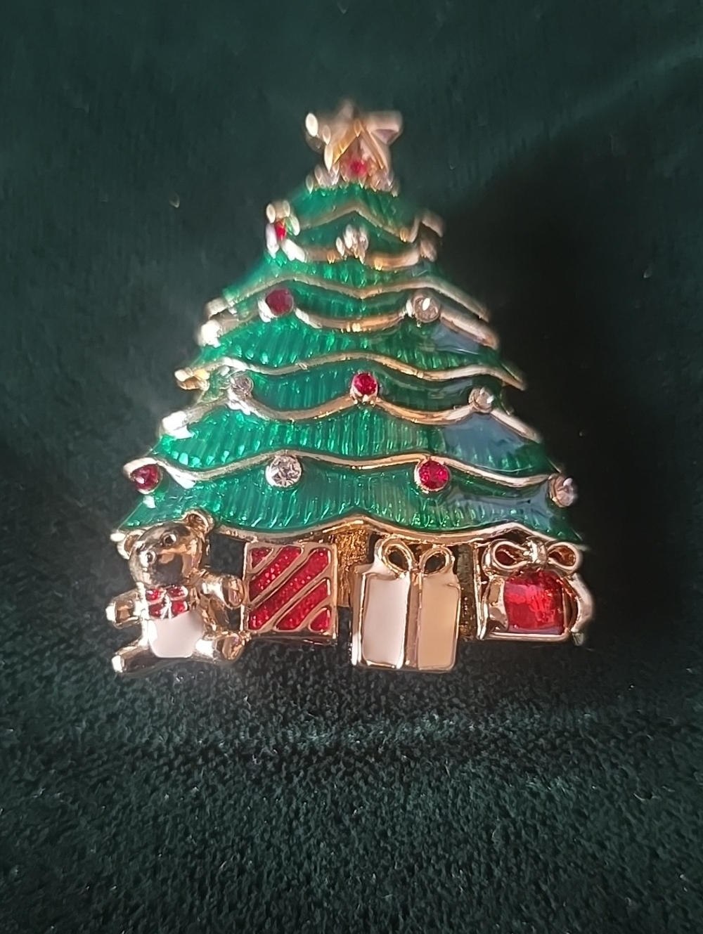 Monet Green and Red Holiday Tree Brooch with Gold Accents